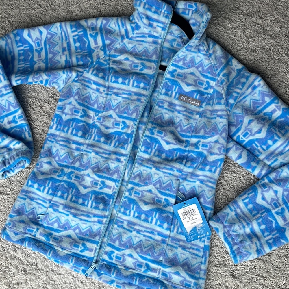 🆕 NWT Columbia blue, purple & white pattern full zip jacket in size small - Picture 2 of 12